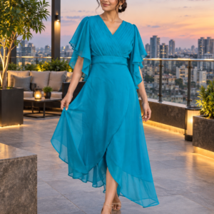 Beautiful woman wearing blue dress